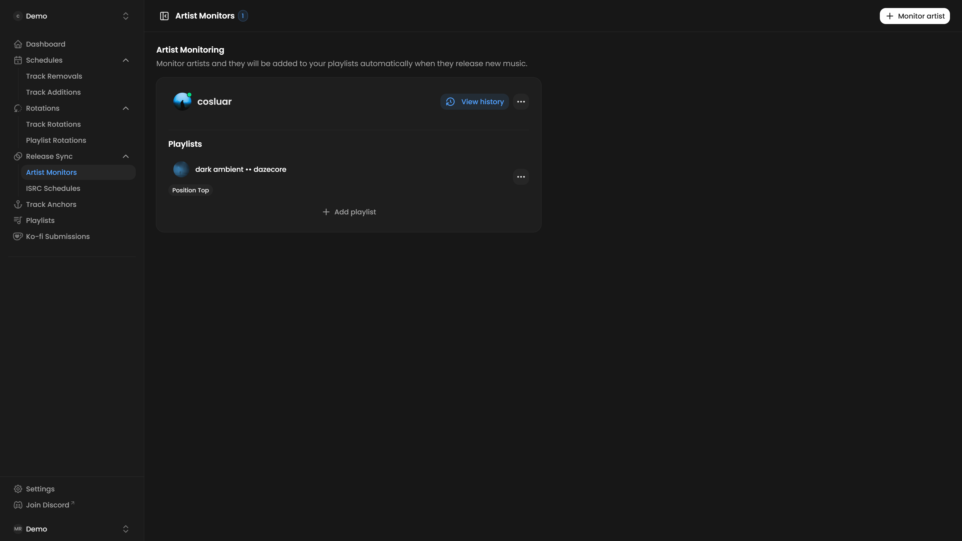 Artist monitoring screenshot